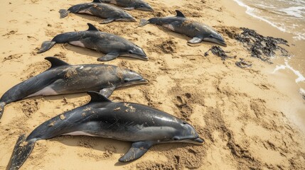 Obraz premium Several dead dolphins lie on the sandy shoreline after a mass stranding