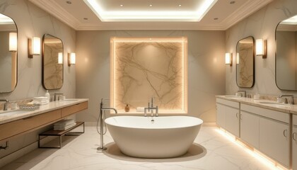 Elegant spa-like bathroom interior featuring modern freestanding tub
