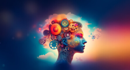 Abstract head profile with vibrant colors and clouds, adorned with gears. Conceptual artwork representing thought process, imagination, and mechanical mind.