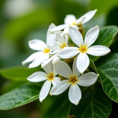 Fototapeta premium Close-up of Beautiful White Flowers with Yellow Centers on Green Leaves