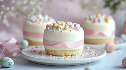 Mini cakes wrapped in ribbons for Easter gifts