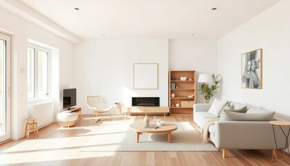 Fototapeta premium Modern Bright Living Room with Minimalist Furniture and Natural Light