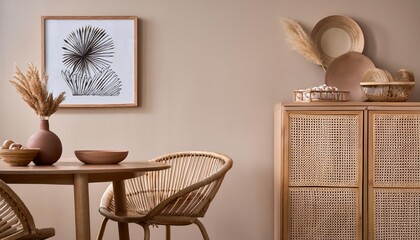 Stylish Dining Room Round Table, Rattan Chairs, Wooden Commode, Poster Kitchen Accessories Elegant, Rustic, and Cozy Atmosphere
