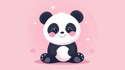 Obraz premium A cute cartoon panda sitting with pink flowers around it