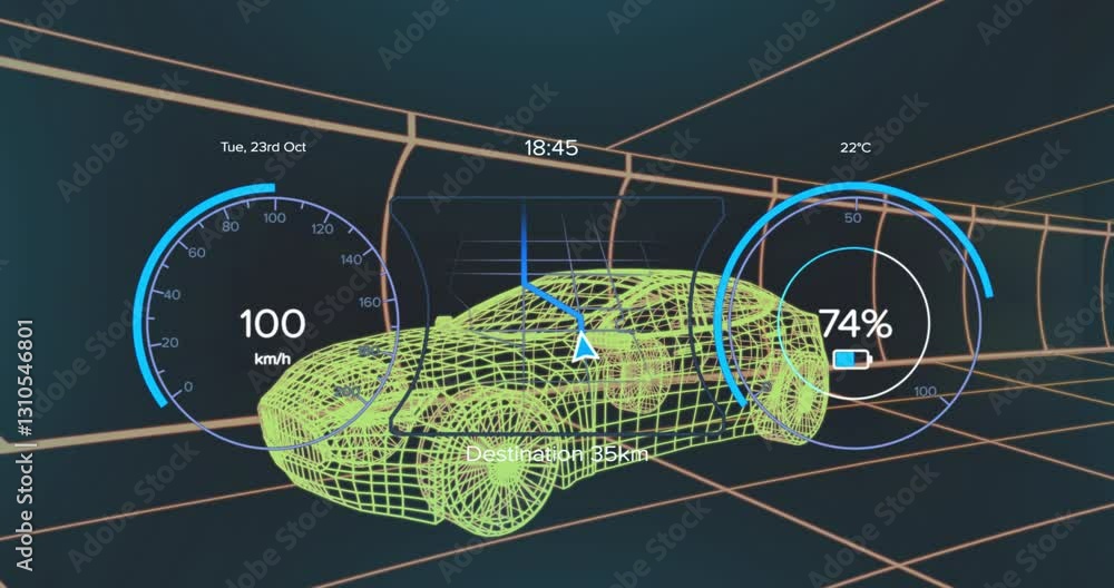 Poster showing animation of speed and battery, digital car dashboard with navigation