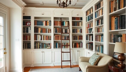 Cozy Home Library with Bookshelves and Reading Nook in Bright Room