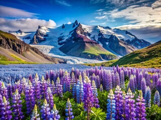 Icelandic Summer Landscape: Purple Lupines and Glacier