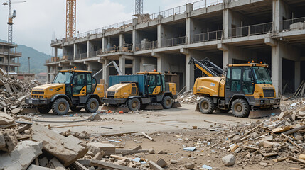 Sweepers and heavy machinery at a construction site, surrounded by debris and rubble, awaiting a thorough cleaning service to restore the area to working order.