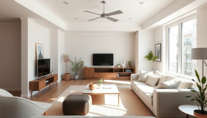 Modern Bright Living Room with Stylish Furniture and Greenery