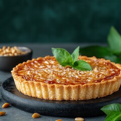 Nutty tart garnished with fresh basil leaves displaying an irresistible combination of flavors for the perfect dessert