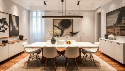 Modern Dining Room Interior with Minimalist Design and Artworks