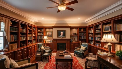 Elegant traditional library interior with warm lighting and books