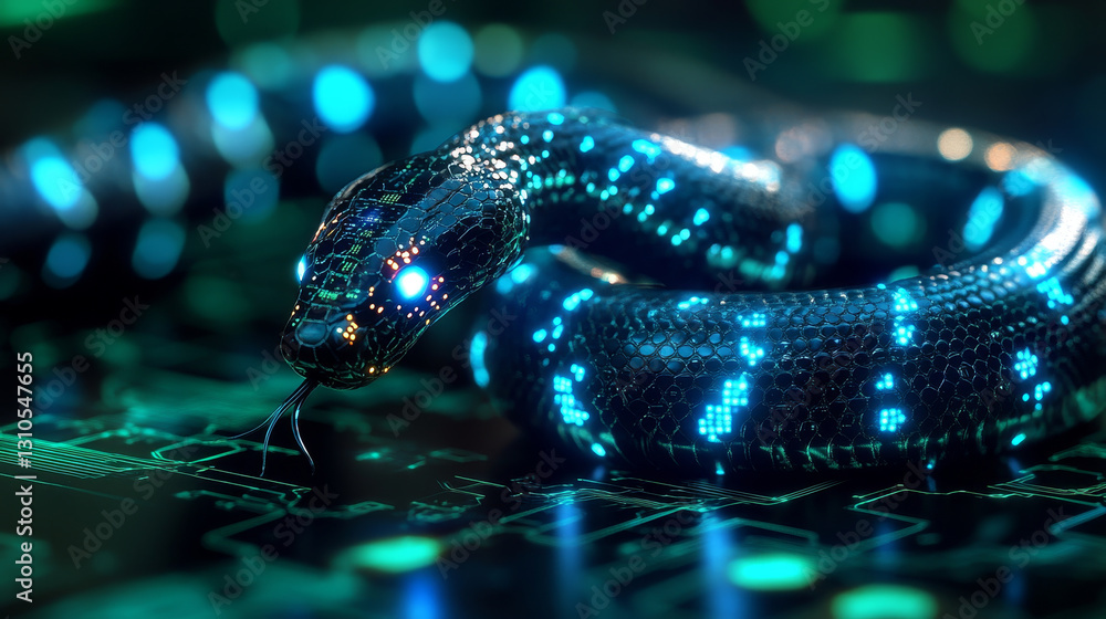 Aufkleber high tech snake with glowing circuits slithering on digital surface