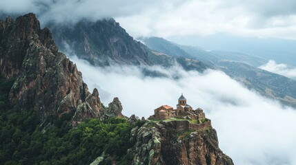 Sacred mountain with a small monastery nestled among the clouds