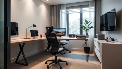 Modern Home Office Interior with Stylish Furniture and Technology