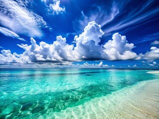 Idyllic Tropical Ocean Scene: Calm Sea, Fluffy Clouds, Summer Vacation
