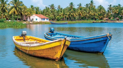 Boats anchored on calm lake near a rural building & tropical palm trees background