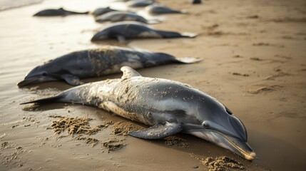 Several dead dolphins lie on the sandy shoreline after a mass stranding