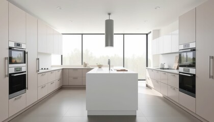 Modern Bright Kitchen Interior with White Cabinets and Island Space