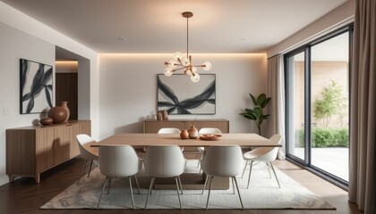 Modern Dining Room with Elegant Lighting and Stylish Furniture