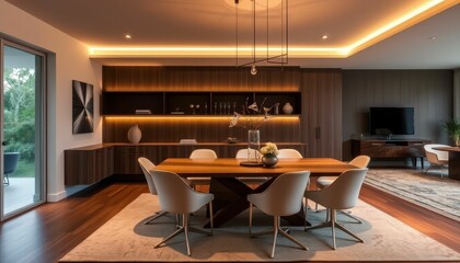 Modern Elegant Dining Room with Soft Lighting and Stylish Decor