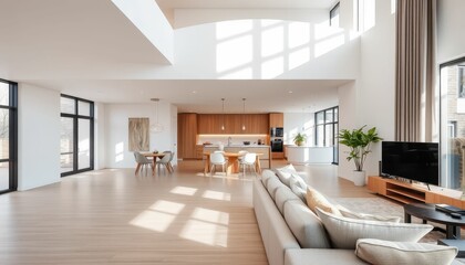 Bright and Spacious Modern Living Room with Open Kitchen Design