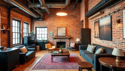 Cozy Industrial Living Room with Brick Wall and Modern Decor