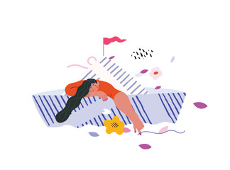 Life Unframed: Paper boat -modern flat vector concept illustration of girl floating in paper boat. A metaphor of unpredictability, imagination, whimsy, cycle of existence, play, growth and discovery © grivina