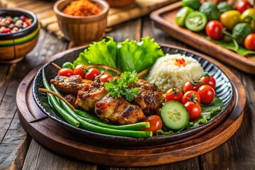 Fototapeta premium Indonesian Ayam Bakar Lalapan: Authentic Grilled Chicken with Fresh Vegetables - Tilt-Shift Photography
