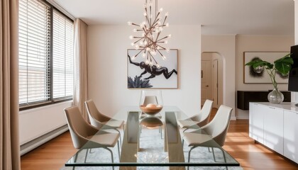 Modern Dining Room with Elegant Lighting and Minimalist Decor