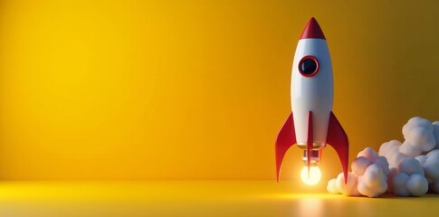 A futuristic rocket sitting beside a radiant light bulb on a bright yellow surface , innovation, rocket