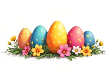 Fototapeta premium Colorful Easter Eggs and Flowers Border Design