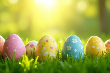 Fototapeta premium Colorful Easter Eggs in Grassy Meadow Springtime Scene