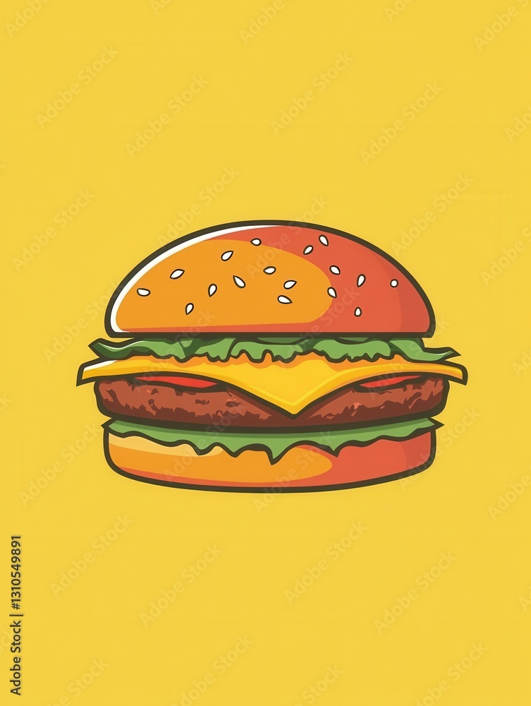 Poster flat burger icon design featuring playful colors and minimalist style for fast food branding and mar