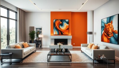 Modern Living Room with Orange Accents and Colorful Artwork