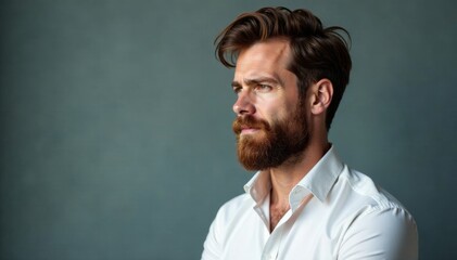 Obraz premium Businessman with bushy beard and unruly curls in crisp white shirt, white shirt, curly hair
