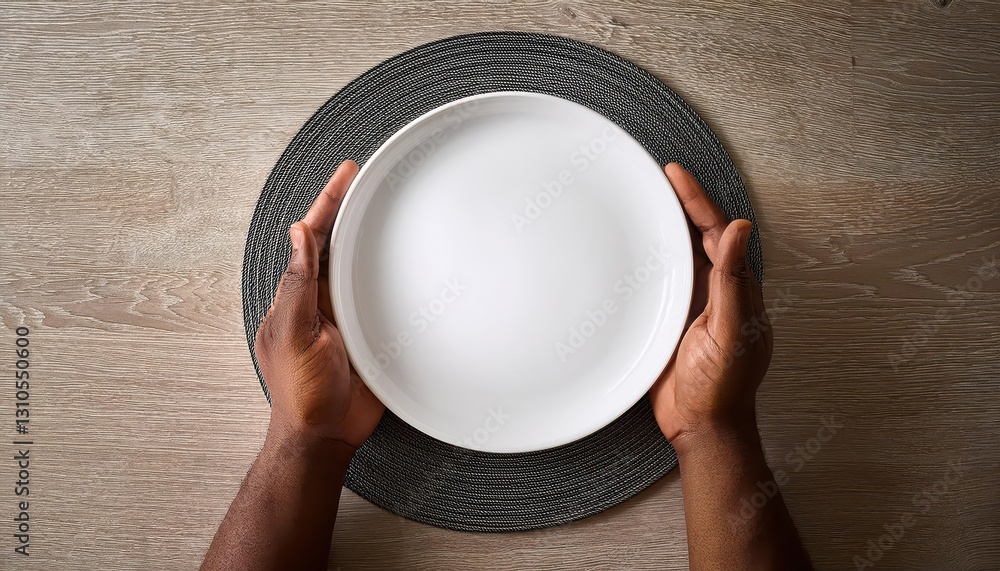 Poster top view of persons hands on empty table design mockup a minimalistic perspective in cool tones, evo