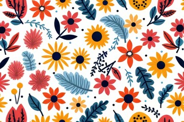 Fototapeta premium Colorful Floral Pattern with Flowers and Leaves on White Background