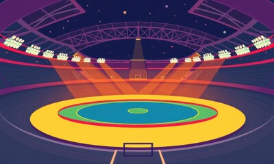 Illuminated Stadium Arena with Circular Sports Field Under a Starry Night Sky, Featuring Bright Spotlights and a Vast Seating Area