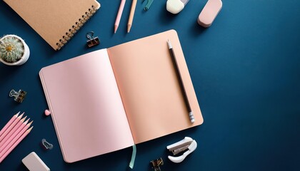 Top View Pastel Notebook on Navy Blue Table A Vibrant Stationery Setup against a Serene Backdrop, Perfect for Artistic, Minimalist, or Home Decor Inspiration.