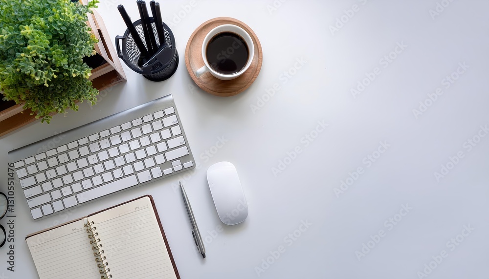 Poster top view of a minimalist white office desk table with essential office equipment computer keyboard, 
