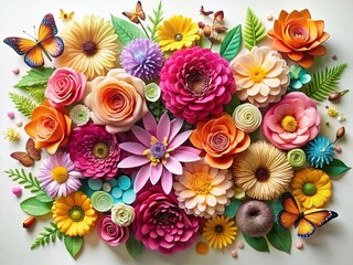 Intricate 3D Paper Flowers: Roses, Daisies, Dahlias & Butterflies on White