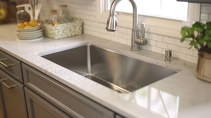 Stainless Steel Sink: A durable kitchen sink made from stainless steel in a grayish tone, known for its resistance to rust, stains, and its sleek, modern look.
