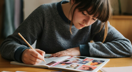 Young caucasian female teen studying with textbook at home