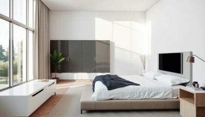 Modern Minimalist Bedroom with Large Windows and Stylish Decor