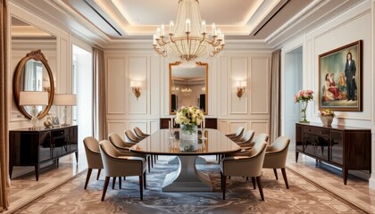 Fototapeta premium Elegant dining room with luxurious decor and modern chandelier