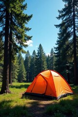 Bright blue sky over a vibrant orange tent in a Minnesota pine forest , vacation, pine forest
