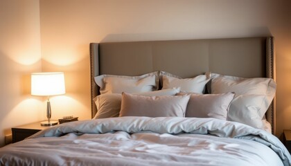 Cozy modern bedroom with elegant bedding and warm lighting