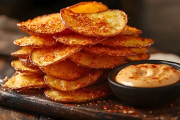 Crispy Golden Potato Fries Served on Rustic Wooden Tray with Dipping Sauce