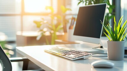 Fototapeta premium Sleek modern keyboard on minimalist desk symbolizing productivity and technology, close-up view of keys for work efficiency and digital innovation concepts.